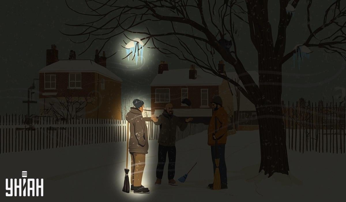 ภารโรงคนหนึ่งยืนอยู่ใต้เสาน้ำแข็งที่แขวนอยู่บนต้นไม้ / ภาพปะติด Moje